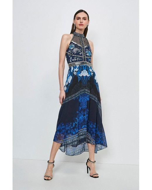 Karen Millen Blue Embroidered And Beaded Floral Midi Dress