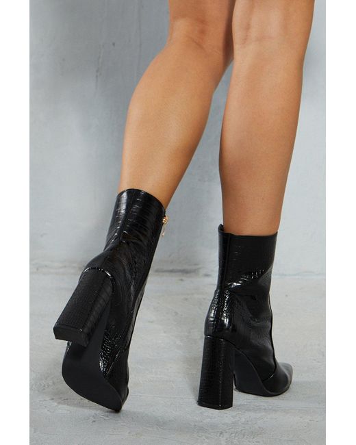 MissPap Black Croc Leather Look Ankle Boots