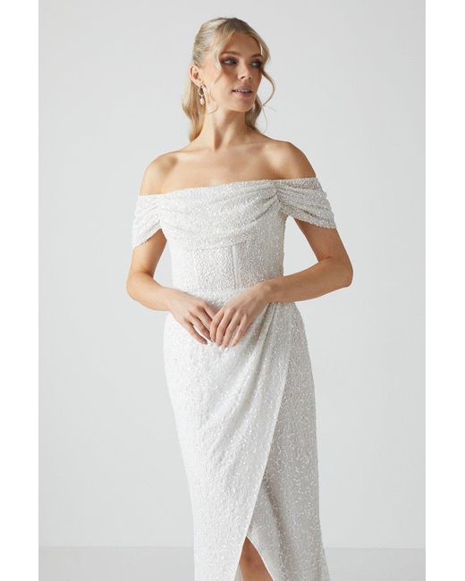 Coast White Draped Bardot Cap Sleeve Wrap Skirt Wedding Dress