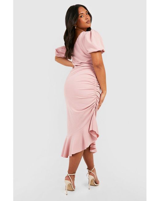 Boohoo Pink Plus Ruched Ruffle Midi Dress