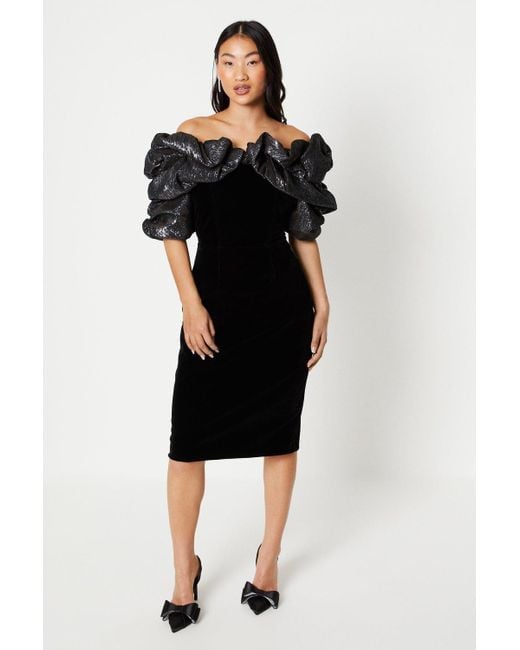 Coast Black Petite Velvet Sparkle Sleeve Pencil Dress