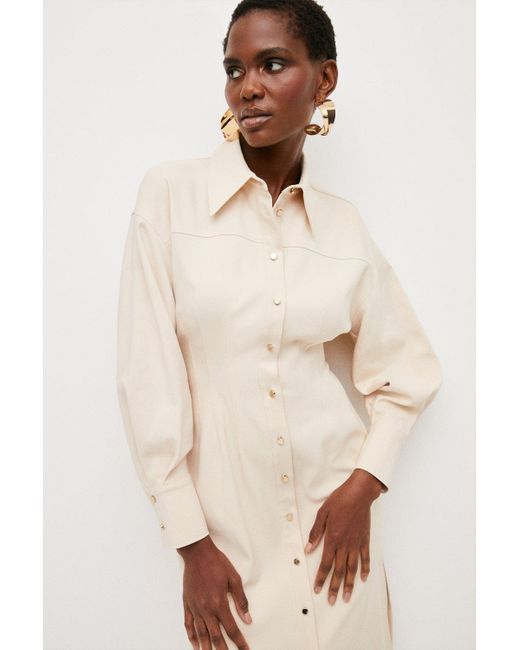 Karen Millen Natural Compact Cotton Stretch Corset Detailing Midi Shirt Dress