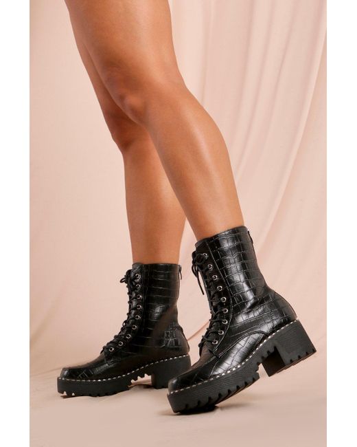 MissPap Black Croc Stud Detail Chunky Ankle Boot