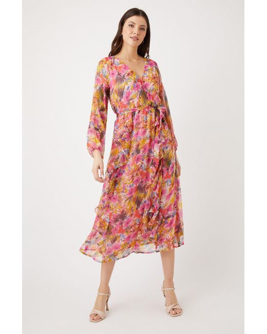 Wallis Red Multi Floral Frill Wrap Front Midi Dress