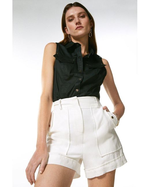 Karen Millen Black Cotton Sateen Utility Woven Sleeveless Shirt