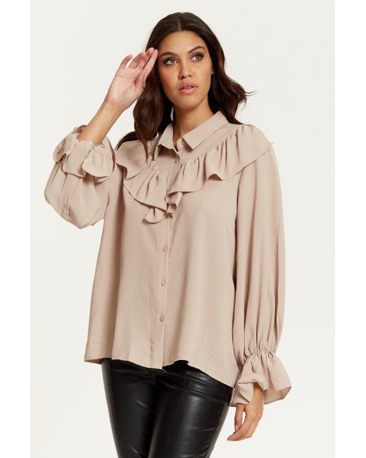 Hoxton Gal Natural Relaxed Fit Frilled Front Shirt Top