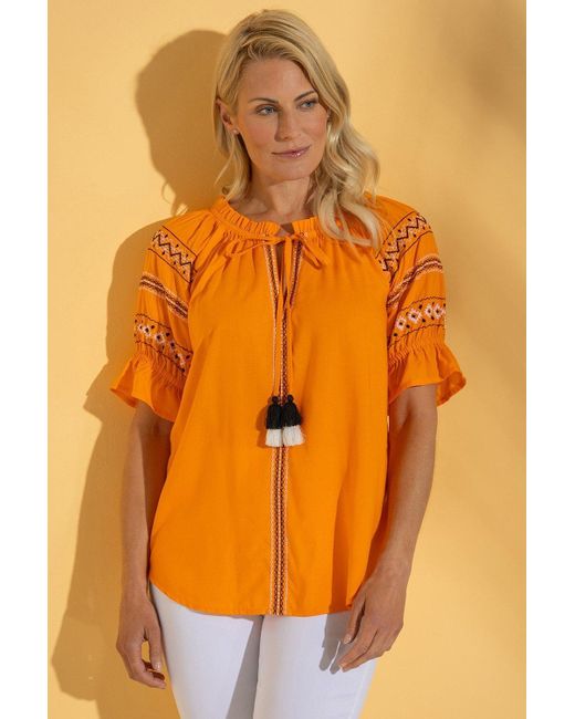 Klass Orange Embroidered Short Sleeve Boho Top