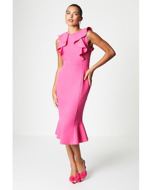 Coast Pink Frill Detail Crepe Flared Skirt Midi Dress