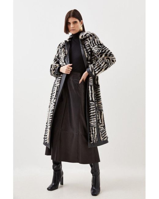 Karen Millen Multicolor Petite Faux Fur Pu Panelled Stripe Belted Coat