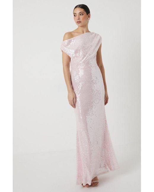 Coast Pink Sheer Sequin Fallen Shoulder Bridesmaids Dress