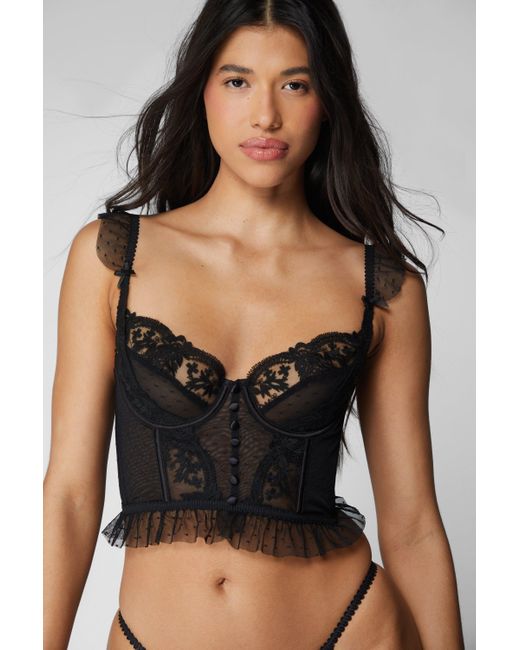 Nasty Gal Black Dobby Lace Underwire Button Corset Ruffle Lingerie Set