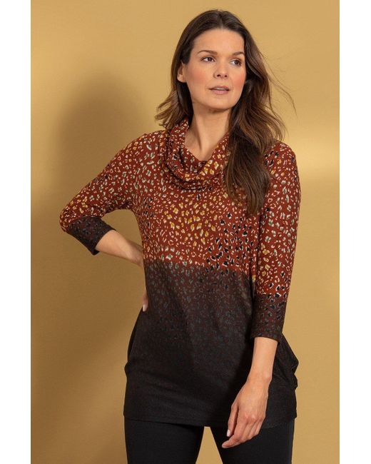 Klass Brown Animal Print Knitted Cowl Neck Tunic Top