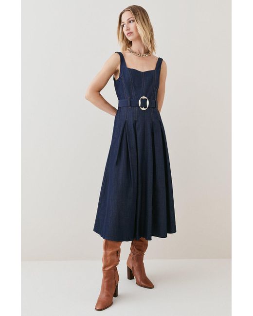 Karen Millen Blue Tailored Denim Full Skirt Maxi Dress