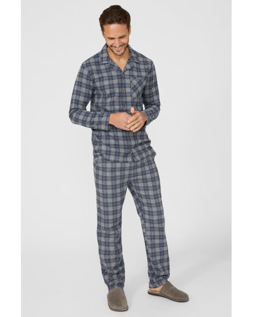 DEBENHAMS Blue Brushed Woven Twill Check Pyjama Set for men
