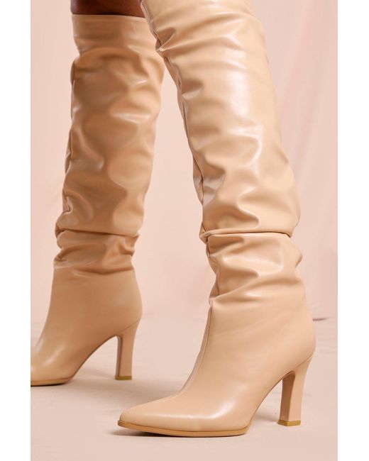 MissPap Natural Ruched Leather Look Knee Length Heeled Boot