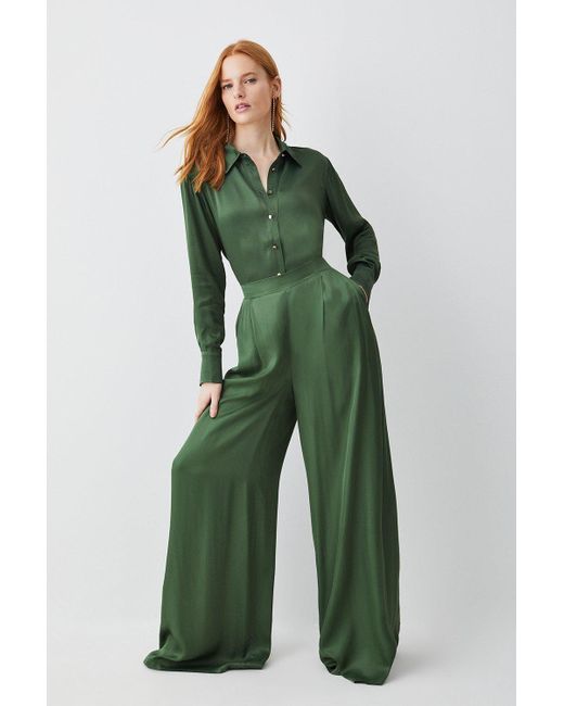 Karen Millen Green Tall Satin Viscose Wide Leg Woven Trousers