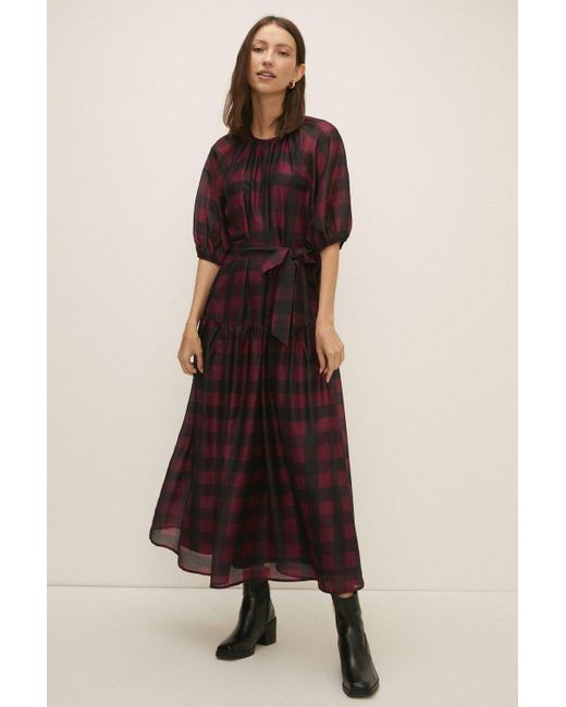 Oasis Brown Check Puff Sleeve Belted Midi