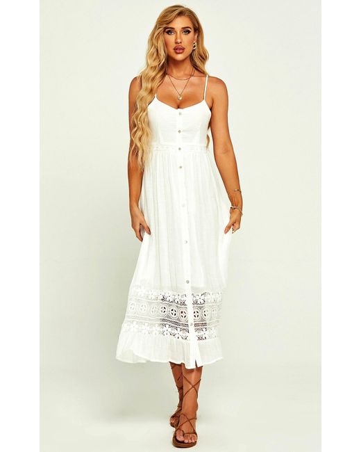 FS Collection Natural Cotton Fabric Lace Trim Detail Strappy Maxi Dress In White