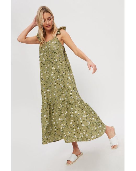 Dorothy Perkins Green Khaki Daisy Frill Strappy Midi Dress
