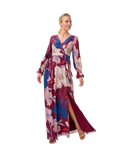 Adrianna Papell Red Printed Chiffon Gown