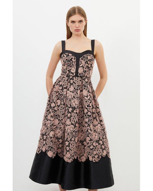 Karen Millen Black Petite Lace Prom Woven Midi Dress