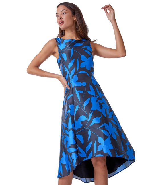 Roman Blue Floral Print Dipped Hem Jacquard Dress