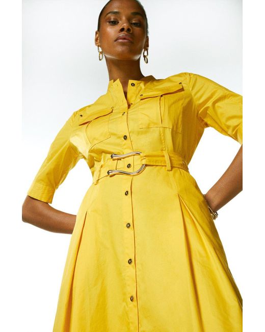 Karen Millen Yellow Cotton Utility Woven Shirt Dress