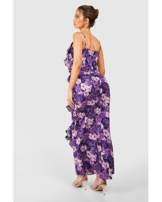 Boohoo Purple Floral Print Ruffle Detail Maxi Dress