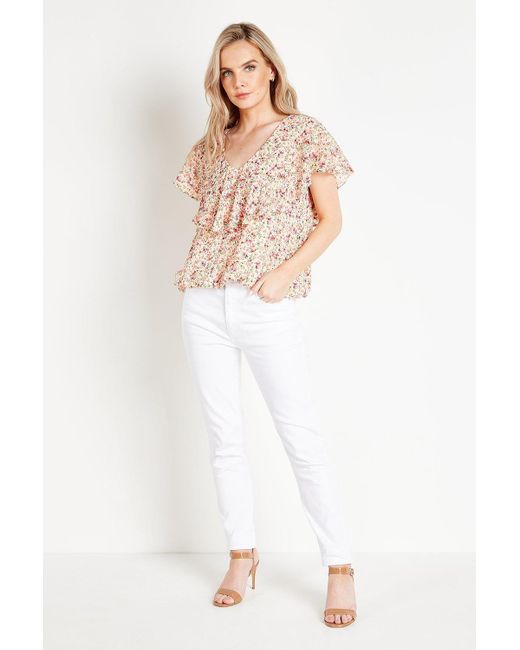 Wallis White Petite Ditsy Floral Dobby Cape Sleeve Top