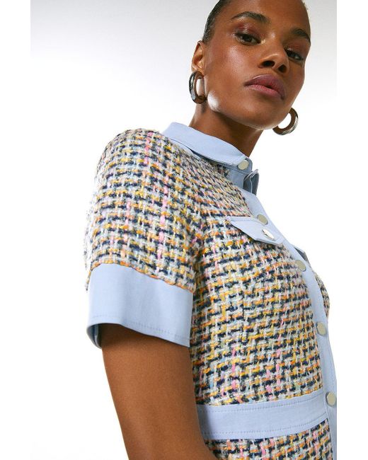 Karen Millen Multicolor Tweed Denim Mix Button Mini Dress