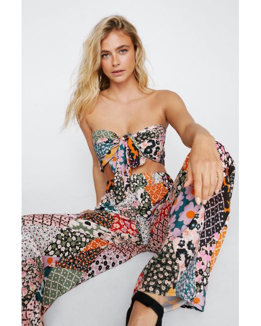 Nasty Gal White Floral Patchwork Print Wide Leg Pants