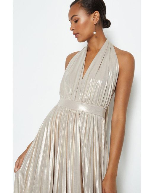 Coast White Halterneck Metallic Pleated Maxi Dress