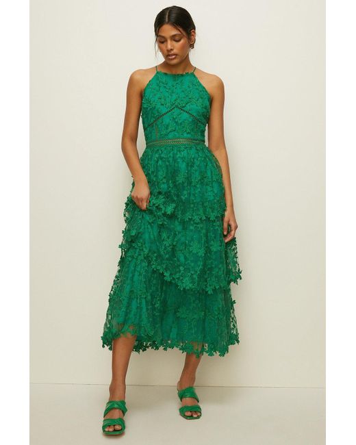 Oasis Green Petite Lace Tiered Halter Neck Midi Dress