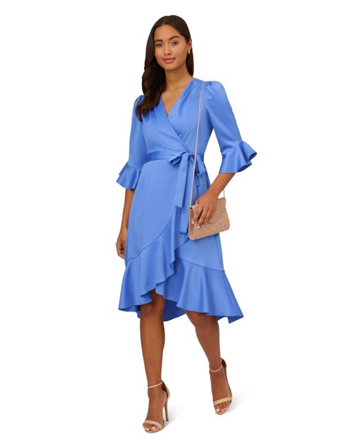 Adrianna Papell Blue Satin Faux Wrap Dress