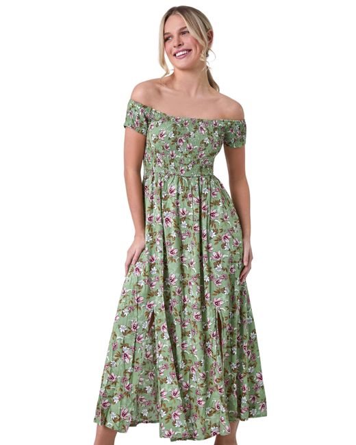 Roman Green Petite Floral Shirred Bardot Midi Dress