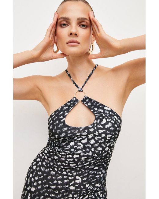 Karen Millen Black Spot Print Halter Drape Jersey Mini Dress