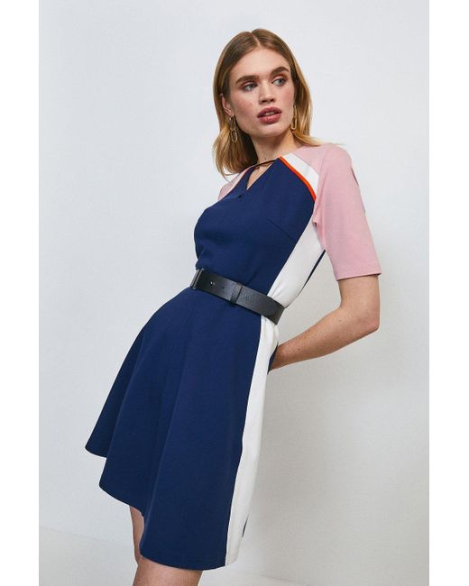Karen Millen Blue Piped Colour Block Belted Ponte Dress