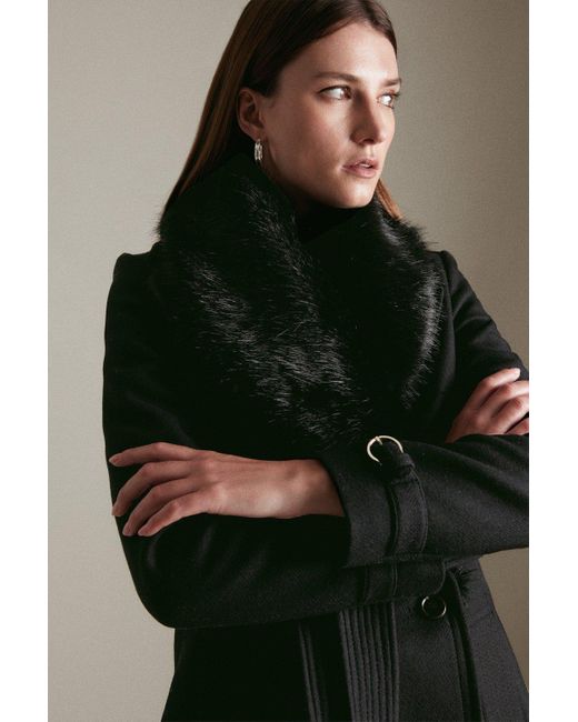 Karen Millen Black Italian Wool Faux Fur Collared Belted Coat