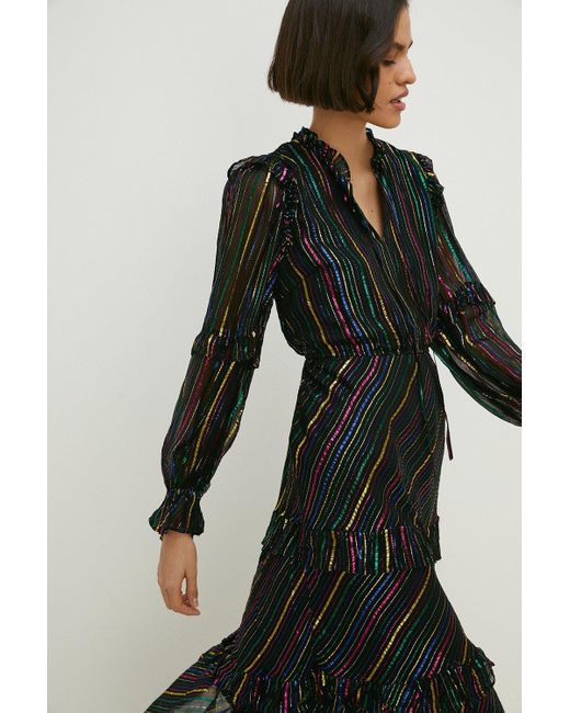Oasis Black Colourful Metallic Stripe Ruffle Midi Dress