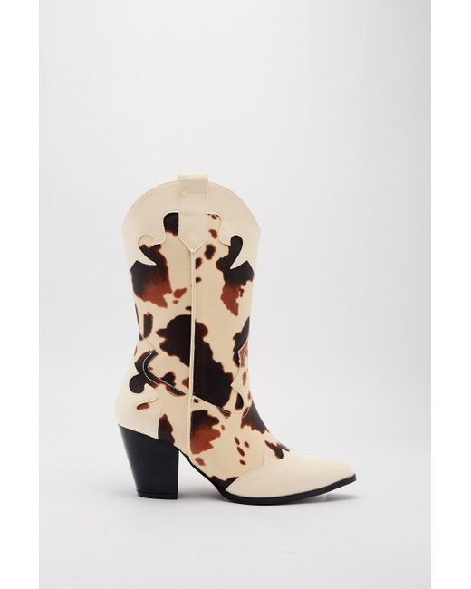 Nasty Gal White Faux Leather Cow Print Cowboy Boots