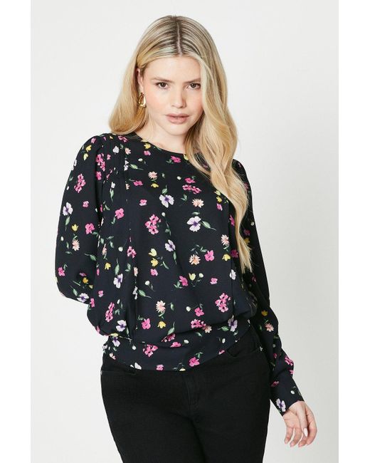 Dorothy Perkins Black Floral Pleat Front Long Sleeve Blouse