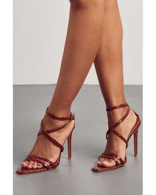 MissPap Brown Croc Pointed Studded Strappy Heels