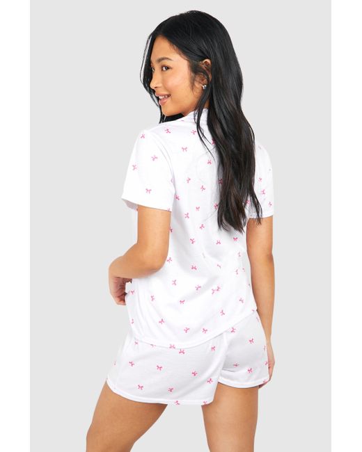 Boohoo White Petite Bow Print Pyjama Short Set