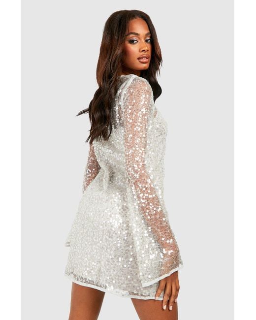 Boohoo White Sequin Sheer Shift Party Dress