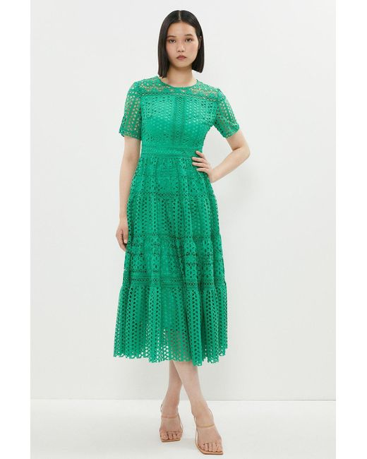 Coast Green Midi Dress In Lace With Tiers