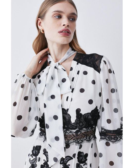 Karen Millen White Polka Dot Mix Lace & Embroidery Maxi Dress