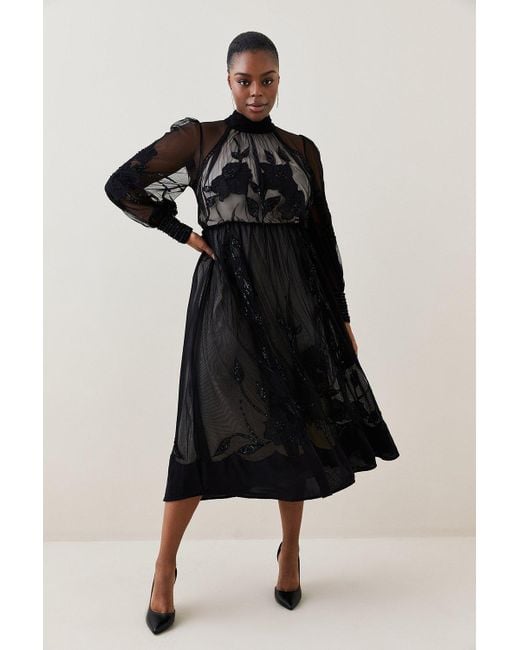 Karen Millen Black Lydia Millen Plus Floral Applique Mesh Woven Midi Dress