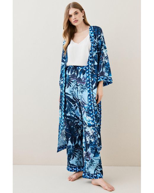 Karen Millen Blue Tropical Geo Satin Nightwear Robe