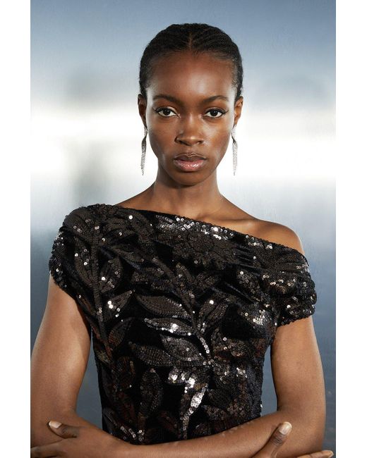 Karen Millen Black Velvet Sequin Woven One Shoulder Mini Dress