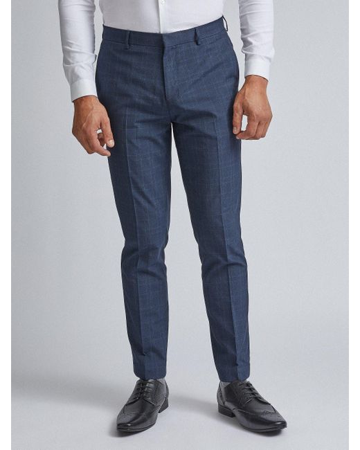 Burton Blue Slim Fit Fine Check Trousers for men